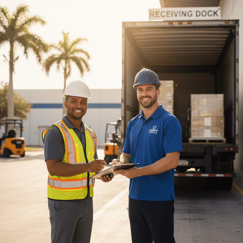 Delivery driver handing a clipboard to a warehouse supervisor at loading bay