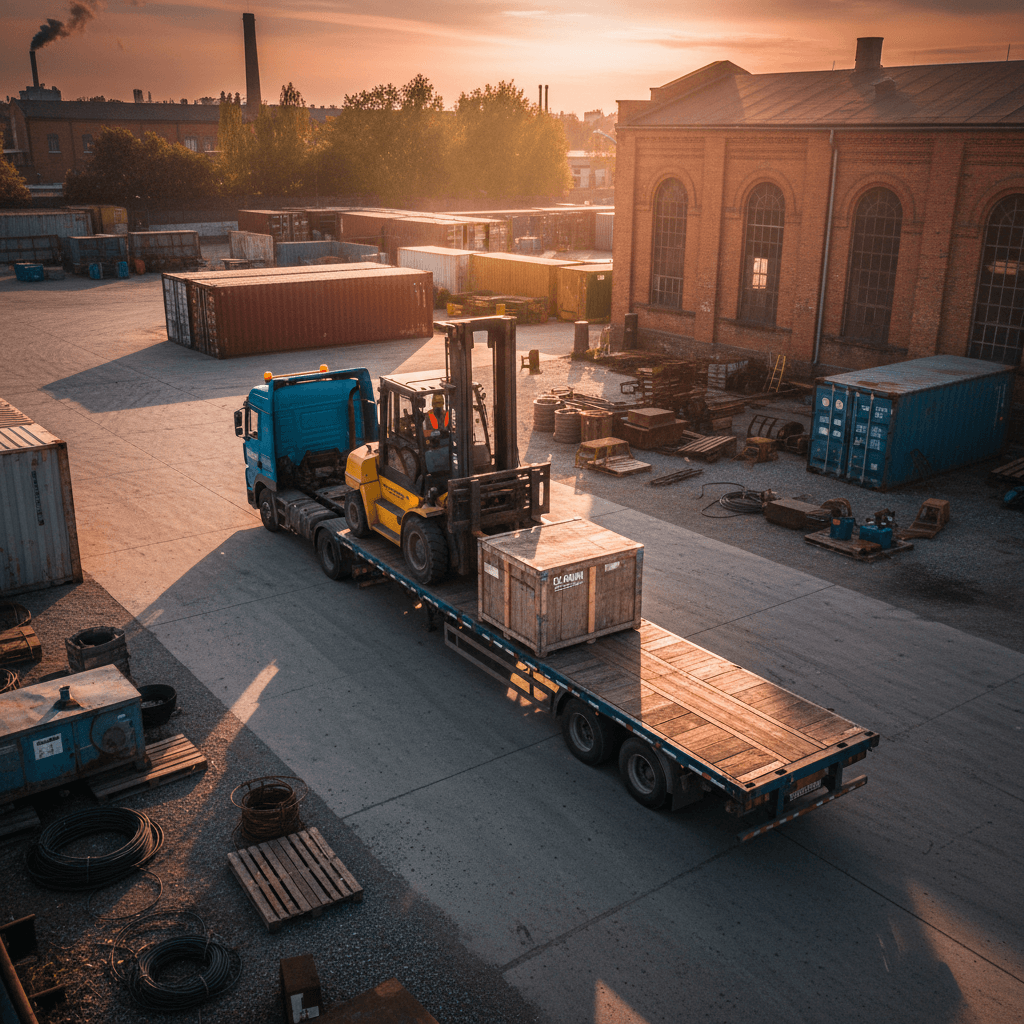 Forklift loading a wooden crate onto a flatbed truck in industrial yard