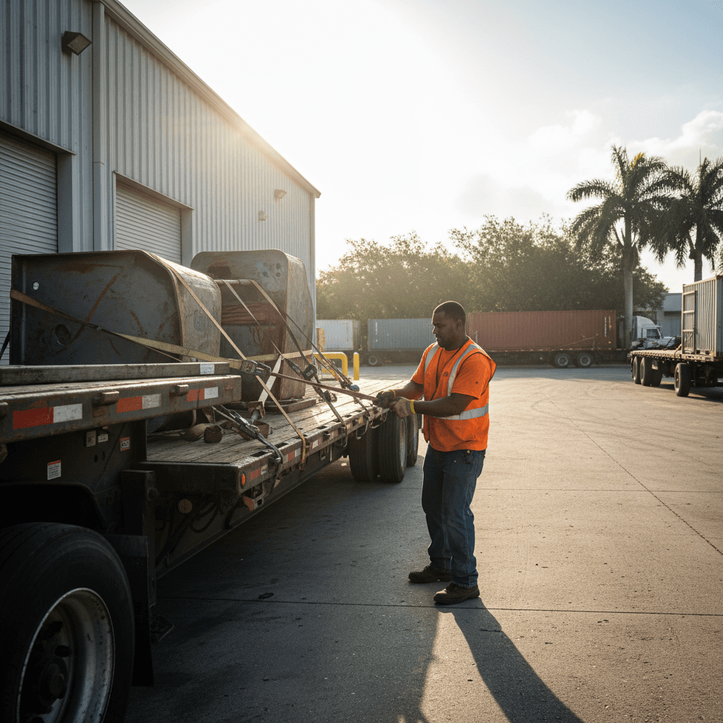 Driver in high-visibility vest securing cargo straps on a loaded flatbed trailer