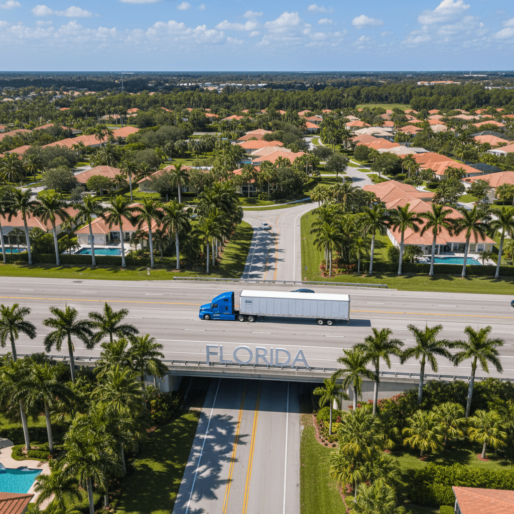 Aerial view of commercial truck on highway through suburban Florida