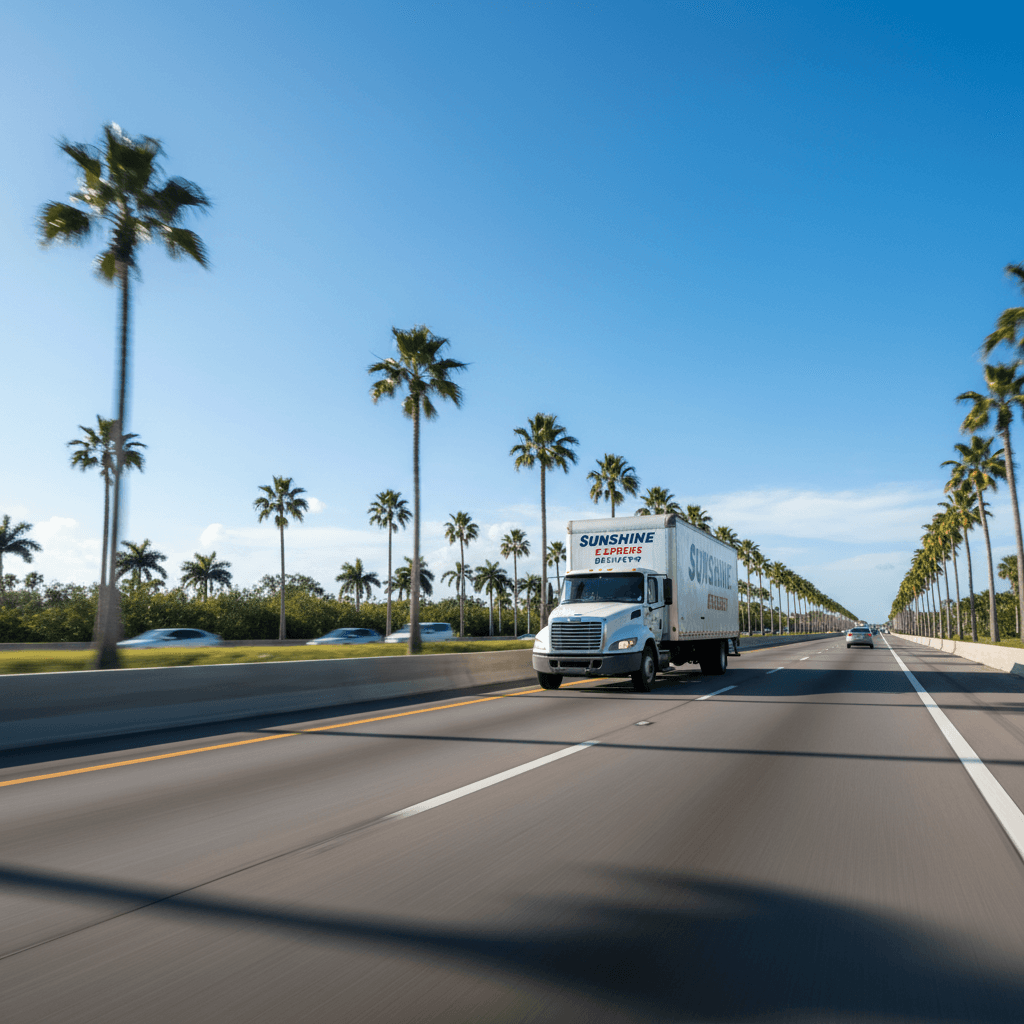 Commercial box truck driving on a Florida highway with palm trees visible