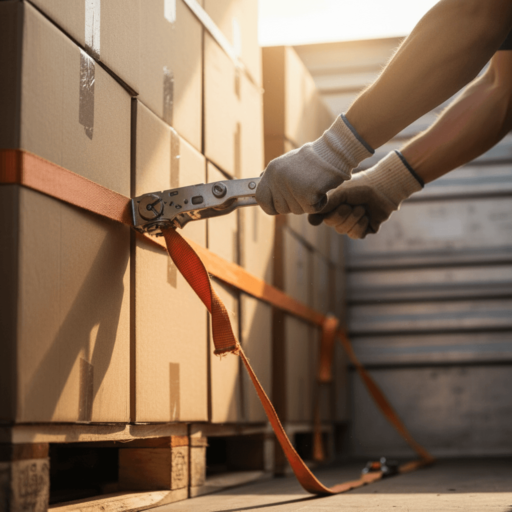 Close-up of hands tightening a ratchet strap around palletized freight