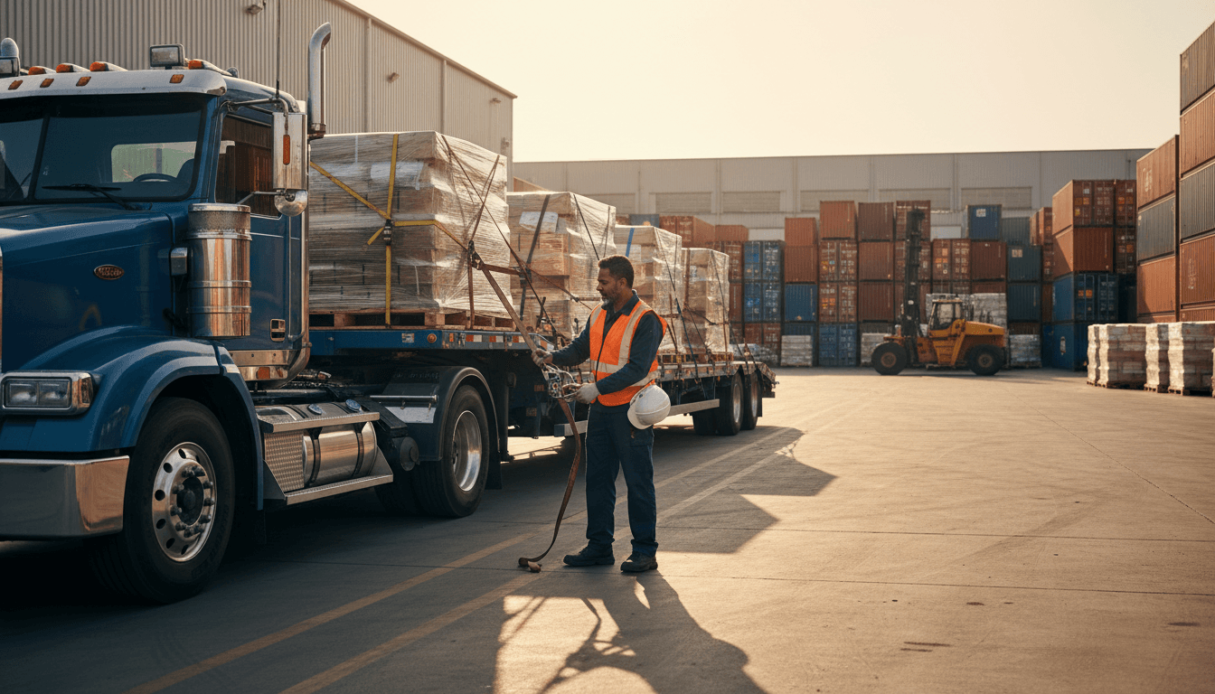 Driver inspecting a commercial freight truck at a loading dock
