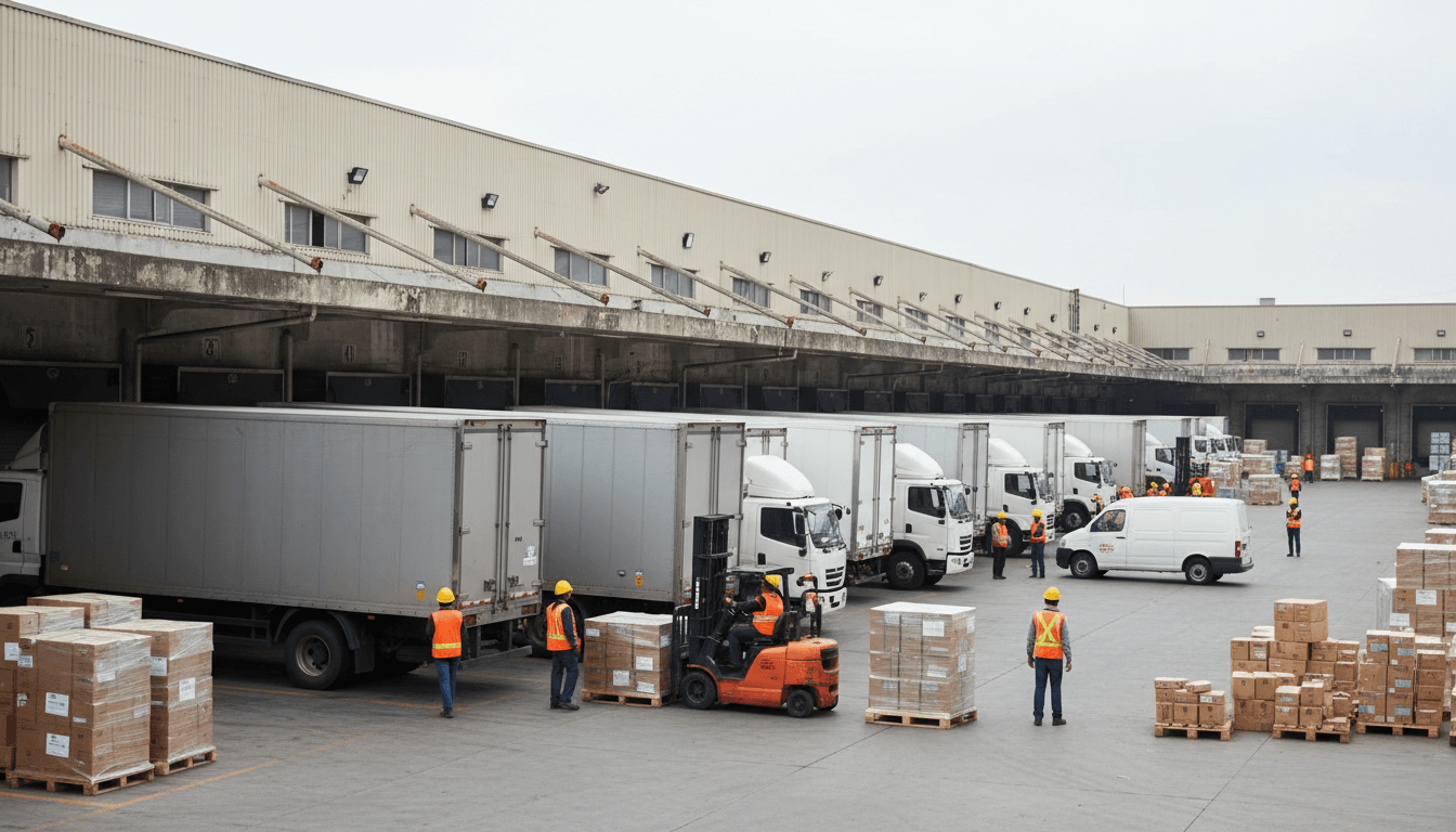 Worker securing cargo straps on a freight truck